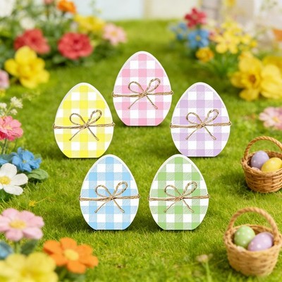 5-Pcs Premium Wooden Easter Egg Decorations | Pastel Buffalo Plaid Spring Pas...