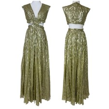 Mac Duggal NWT Green & Gold Waist Cutout Maxi Dress Size 2 India V-neck Metallic