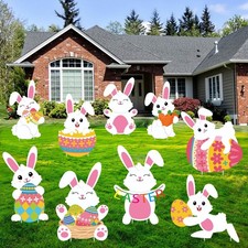 9 PCS Easter Yard Signs Easter Bunny Outdoor Sign with Stakes Bunny Egg Garden S