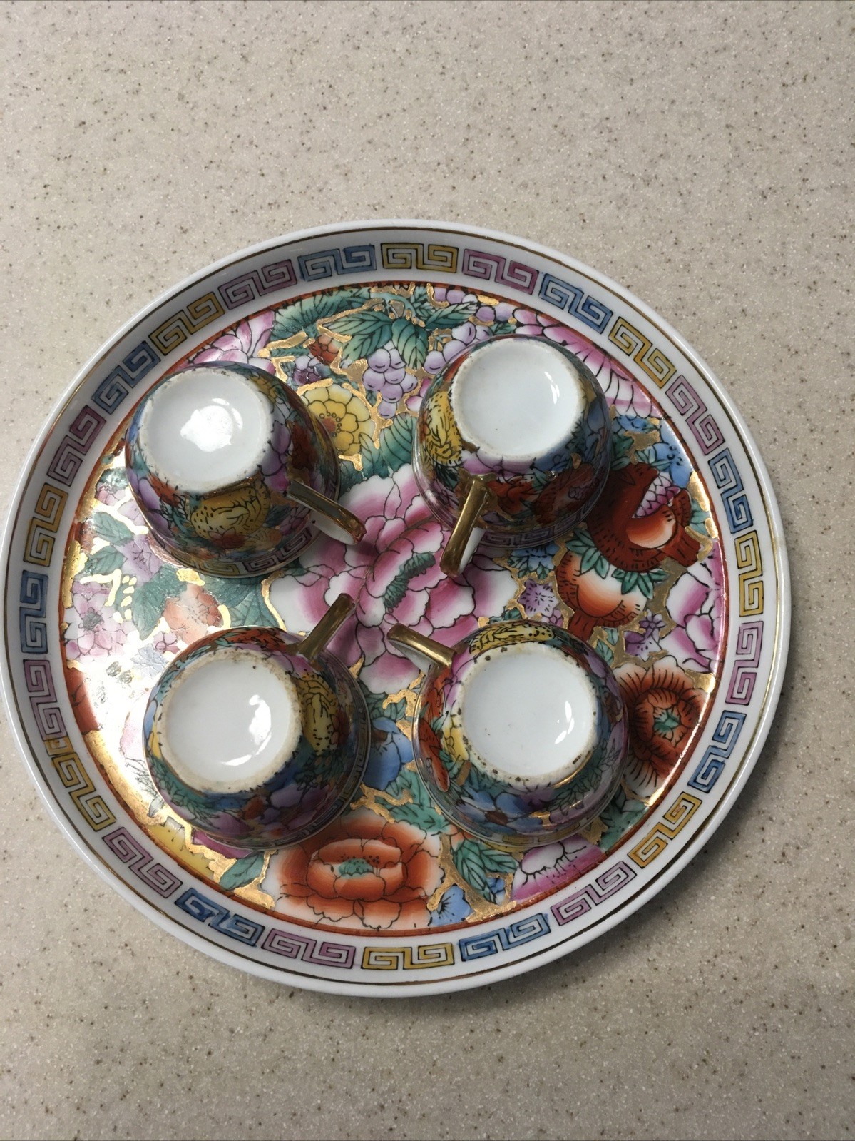 VTG GOLD TRIM Porcelain TEA CUPS W/Serve plate Oriental Hand Painted ! SEE PICS!