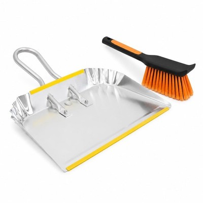 PHYEX 17 Heavy Duty Metal Dust Pan with Brush Set Large Wide Mouth Dustpan with