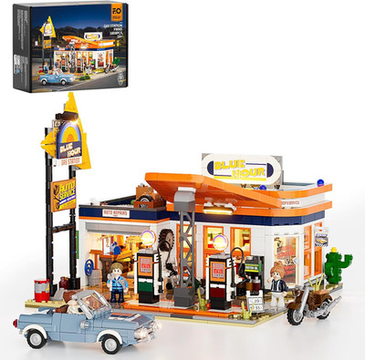 FUNWHOLE City Gas Station Bauset Mit Licht   1608PCS Modularer Brick-Baukasten F