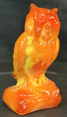 Boyd's Crystal Art Glass OWL ORANGE CALICO Marble Slag Swirl Glows 3 1/4''T