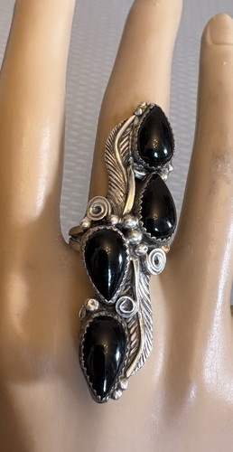 Vintage Native American Sterling Silver Black Onyx Ring Full Finger 2.25" Size 7