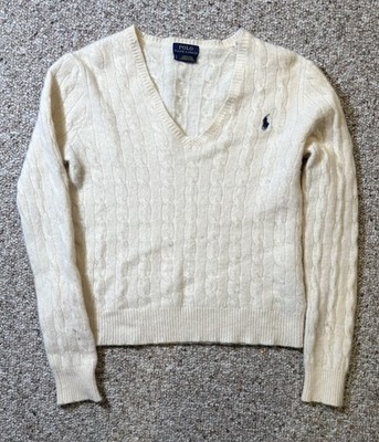 Women s Polo Merino Wool Cable Knit V Neck Sweater. Size L