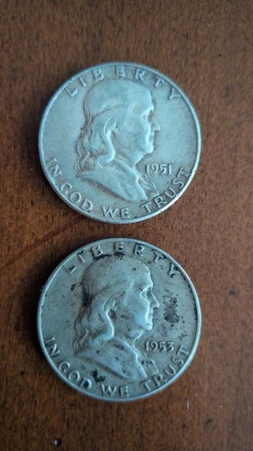 Franklin Half Dollar 1951 & 1953 Circulated 90% Silver Coins Lot