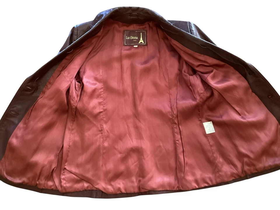 Chaqueta de cuero corta vintage para mujer gabardina borgoña Le Deau Paris talla 38 Foto 3 de 4