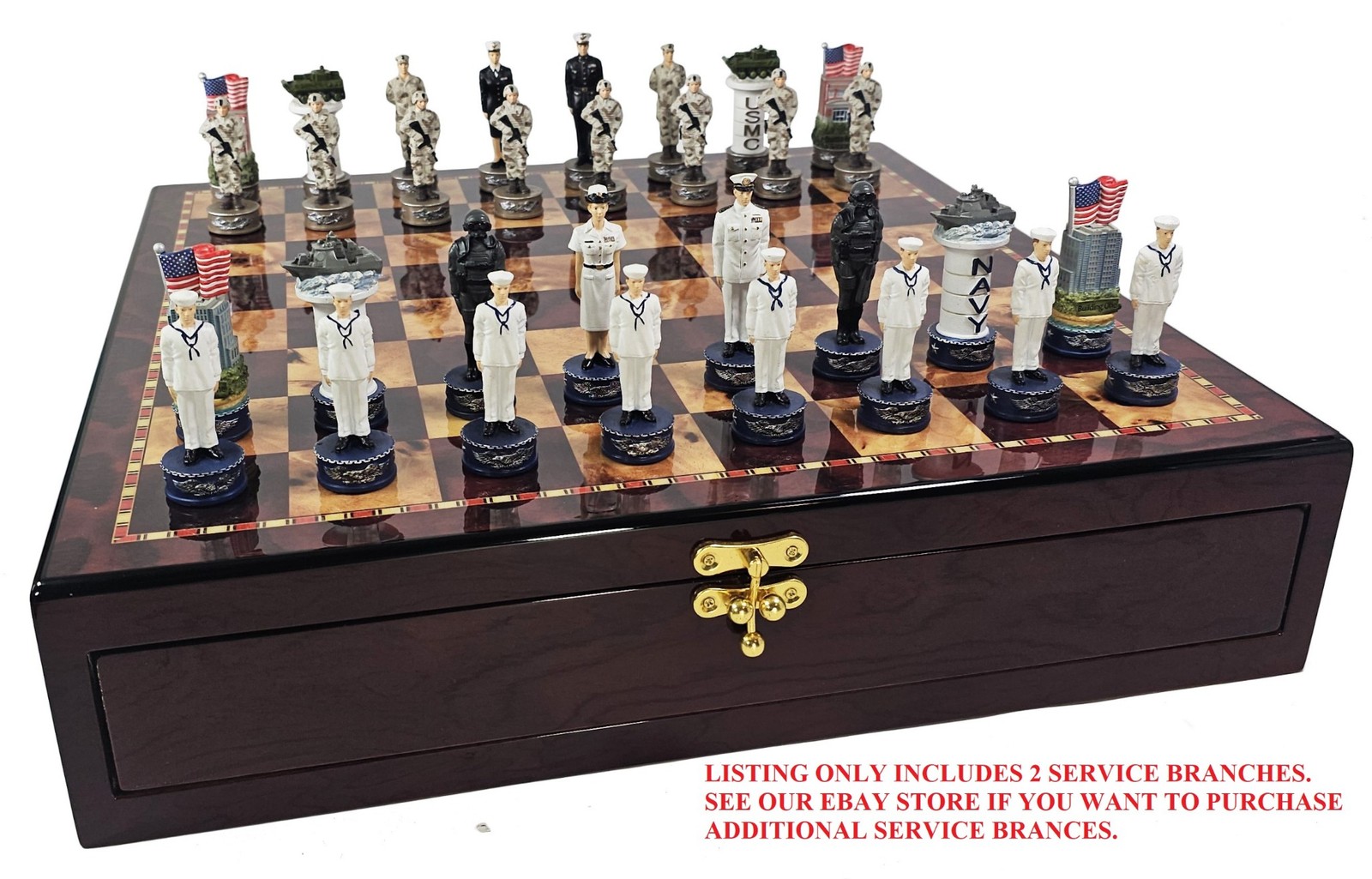 US Military Army Navy Air Force or Marines Chess Set Cherry Color Storage Board