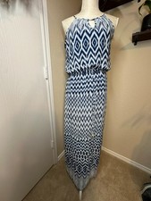 Blue Ikat Halter Maxi Dress Flowy Summer Boho Size M Read Description