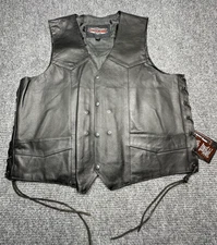 Silver Bike Leather Vest Mens XL Black Gun Pocket Genuine Leather Lace Sides