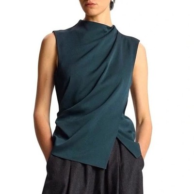 ALC Womens Top Size 0 Green Ruched Crepe Sleeveless Button Neck Amira New