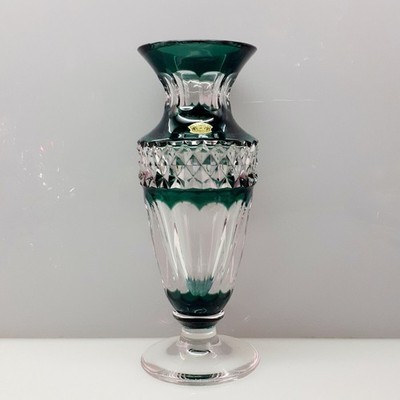 Val Saint Lambert Green Glass Flower Vase 25cm Used Belgium Crystal