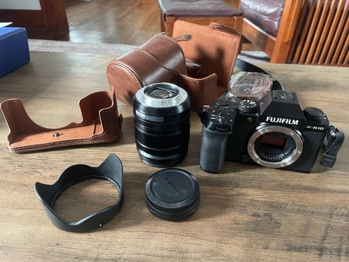 Fujifilm X-S10 Body with 55mm Lens/Hood, Hard Leather Protective Case w/ Strap