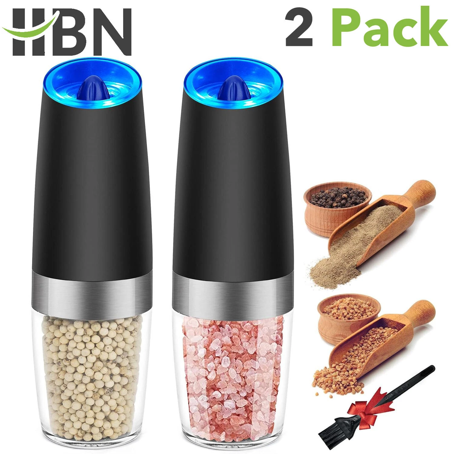 2Pcs Electric Salt and Pepper Grinder Set, Gravity Sensor, Automatic Pepper Mill