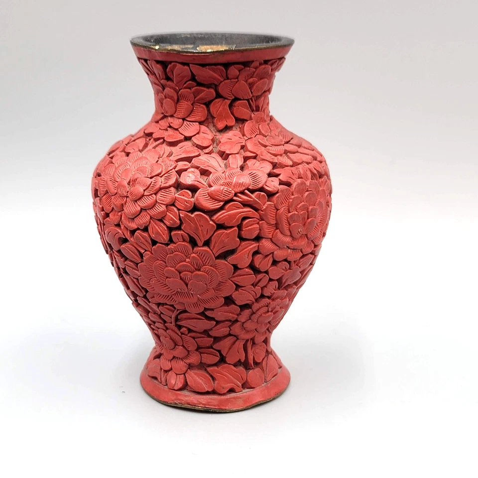 Antique HAND CARVED CINNABAR CHINESE VASE Brass Flowers Floral - Image 3 of 4