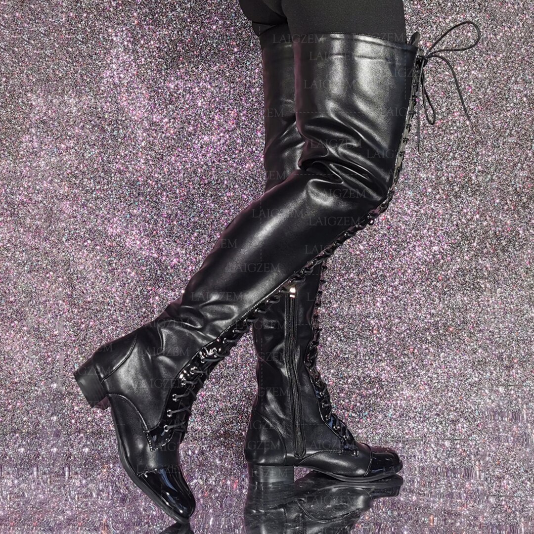 Women Thigh High Boots Patchwork Low Heel Boots Over The