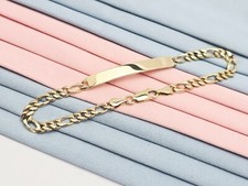 Unique 14K Karat Solid Yellow Gold Designer Figaro Link ID Bracelet - 8" Length