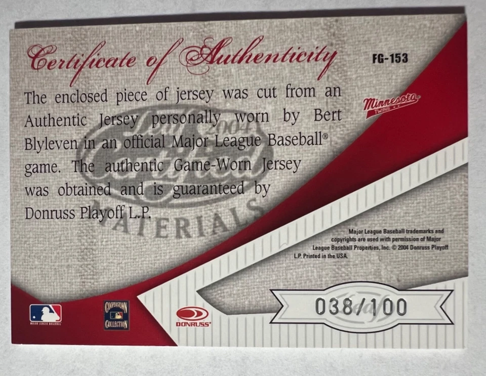 2004 Certified Materials Fabric of Game AL/NL #153 Bert Blyleven Jsy #'d 38/100 - Image 2 of 2