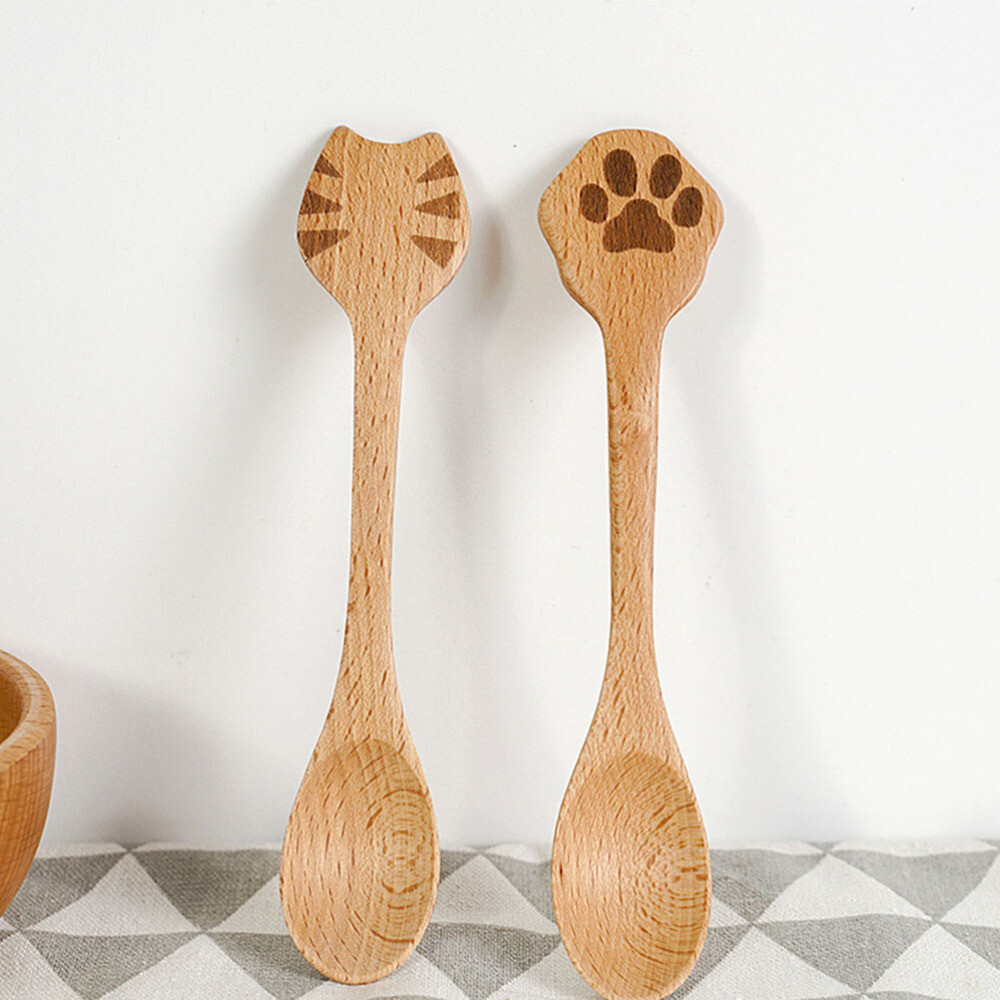8 Pcs Wood Teaspoon Espresso Spoons Yogurt Child Salad The Cat eBay