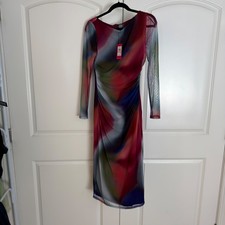 Vince Camuto Multicolor Abstract Mesh Ruched Midi Dress VC3M4704 Size 6 NWT