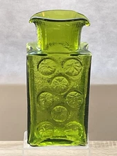 Blenko 1960's Joel Myers Olive Green Glass Pinwheel Double Spout Carafe Decanter