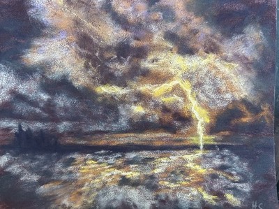 HS Original Signed Pastel Painting Lightning Sky Water Impressionism Art