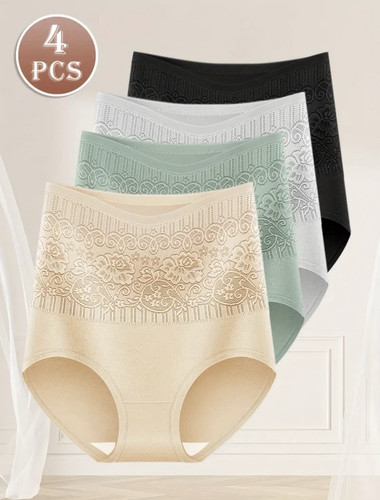 New ~ 4 Pack Women’s High Waist Brief Lace Look Solid Shaper Panties ~ Side XL