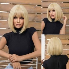 Blonde Costume Wigs With Fringe Bob Straight Synthetic Hair Heat Resistant UK
