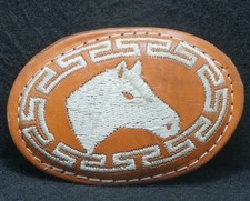 XD11126 GOOD VINTAGE 1970s HORSE HEAD EMBROYDERY ARTWORK LEATHER BELT BUCKLE