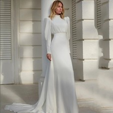 High Neck Chiffon Wedding Dress Long Lantern Sleeve Pleats Sheath Bride Gown