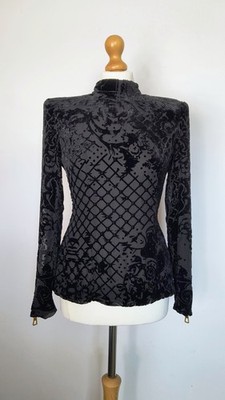 Balmain x H&M Black Velvet Silk Blend Top with Zip Detail, EU36/ UK8