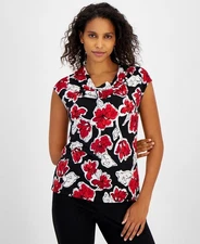 Kasper Women's Floral-Print Cowl-Neck Sleeveless Top Petite Size PM Black Red