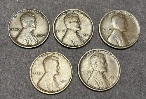 1910-1914 P Lincoln Wheat Cent Penny 5 Coin Lot VG-VF