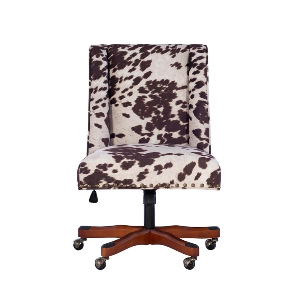 Linon Draper Wood Base Upholstered Rolling Office Chair in Brown Cow Print