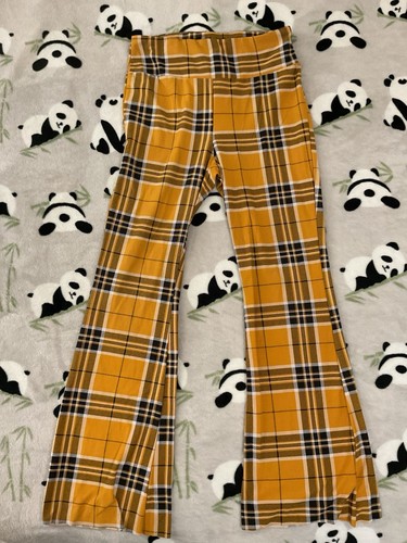 No Boundaries Juniors Medium 7/9 Yellow Plaid Flared Leggings Bottoms Checkered - Picture 2 of 5