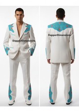 Men White 2Pc Customized White Piping Floral Embroidered Vintage Style Cowboy