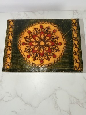 Vintage Pyrograph Box Wood Handcrafted in Poland Folk Art Trinket Jewelry EUC