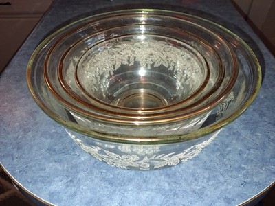 Vintage Bartlett Collins Nesting Mixing Bowls Gold Trim Etched Grape Leaf Set 4 