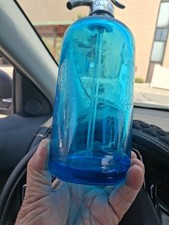 Cornflower Blue Seltzer Bottle Mills embossed 55 Ornate Acid Etched T A M Bottle