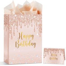 Rose Gold Birthday Gift Bag with Greeting Card and Wrapping Paper Supplies