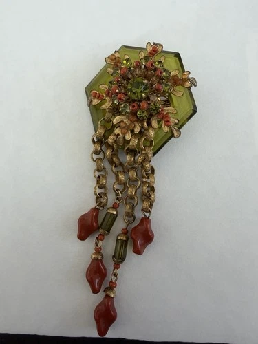 New ListingVintage Miriam Haskell Lucite Coral Bead Brooch With Dangles And Rhinestones