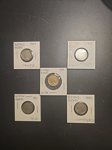 Set Of Five Buffalo Nickels 1913, 1921, 1927, 1931-S and 1935-S