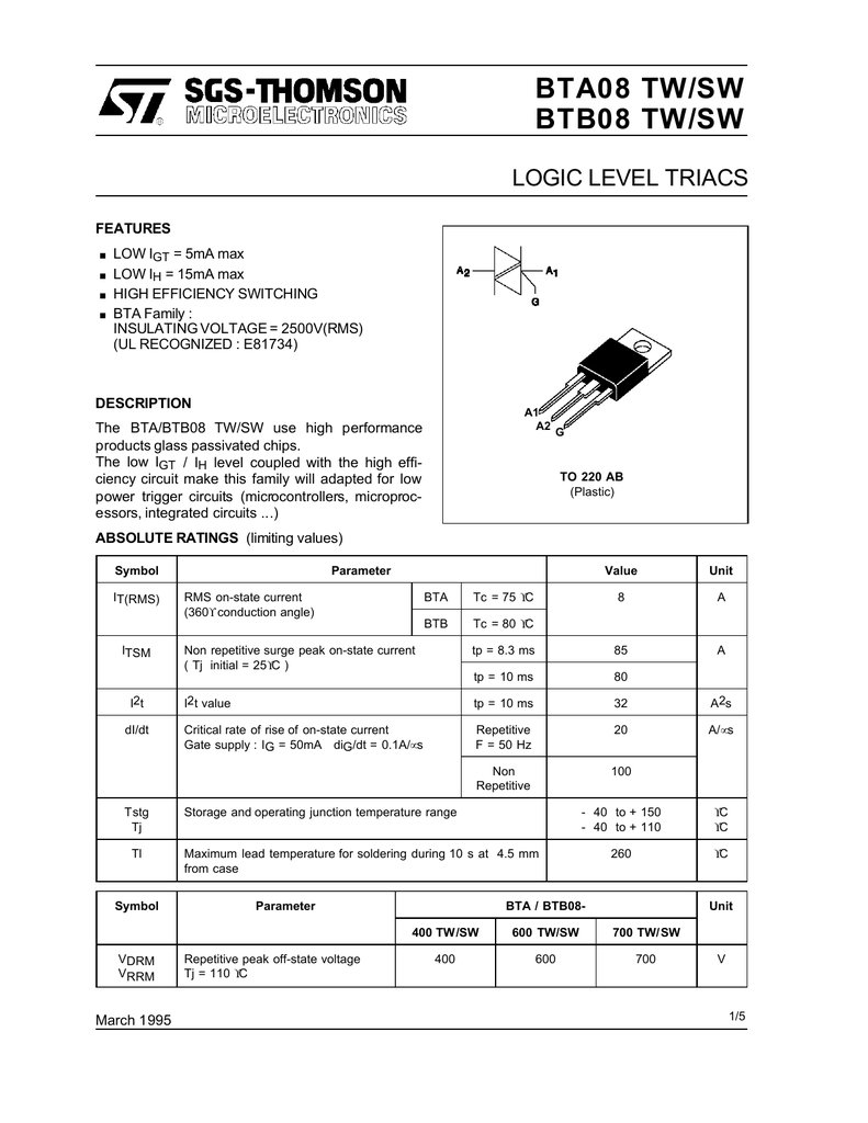 TRIAC BTA08-600TW 600V 8A - Pour Contrôleurs D'éclairage, Réparations électroniques