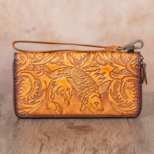 Genuine Leather Wallet Women and Men Wristlet Zip Wallet Purse Money Card Holder - Picture 7 of 13