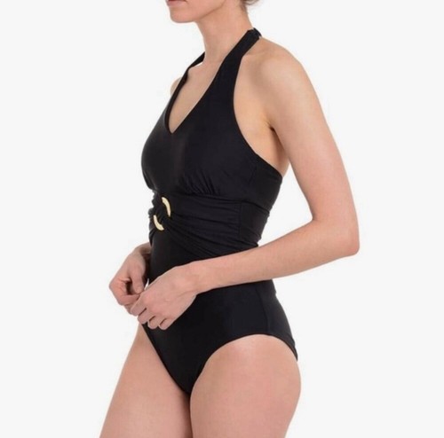 NWT Spanx Black Halter Slimming One Piece Swimsuit Gold Ring Style 2370 - Picture 4 of 19