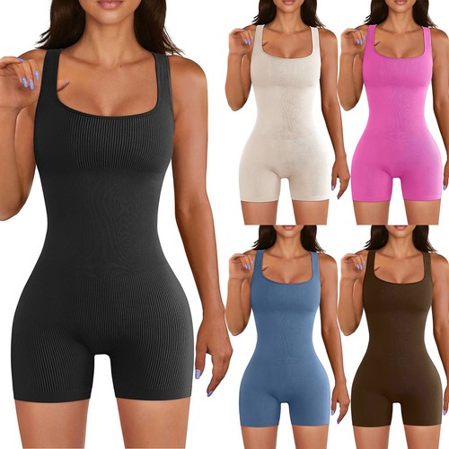 Women Yoga Rompers Workout Ribbed Square Neck Sleeveless Sport Romper