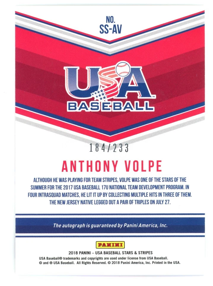 2018 Panini USA Stars & Stripes ANTHONY VOLPE Auto Autograph RC #d/233 Yankees - Image 2 of 2
