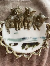 On Sale! Lovely Vintage Kittens Cats Milk Glass Dish Tray, Rare Design
