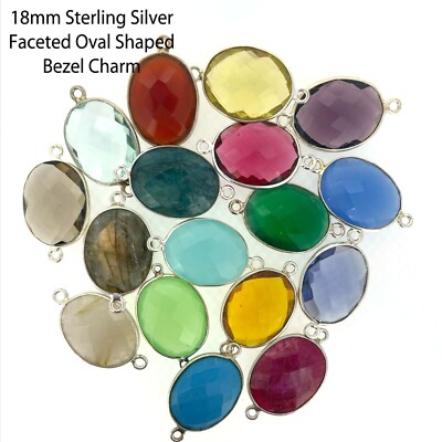 Bezel Gemstone Connectors Sterling Silver 14x18mm Faceted Oval Shape (2  Pcs)