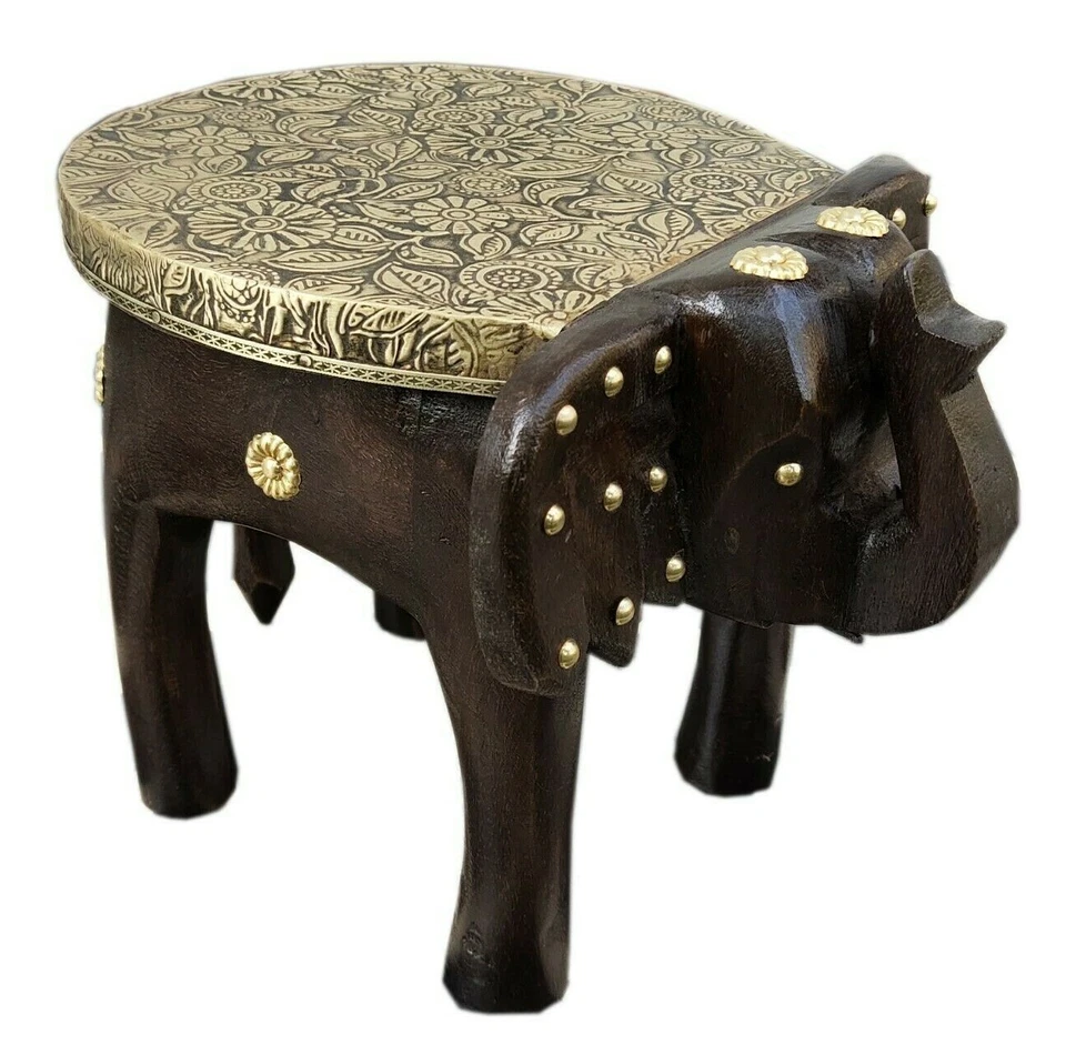 Taburete de madera hecho a mano elefante pequeño taburete bajo de latón equipado decoración del hogar arte indio Foto 2 de 4